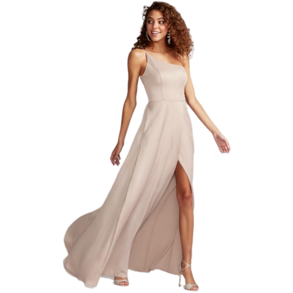 David's Bridal Crepe-Back Satin One-Shoulder Dress Biscotti Women's 16‎ F20099